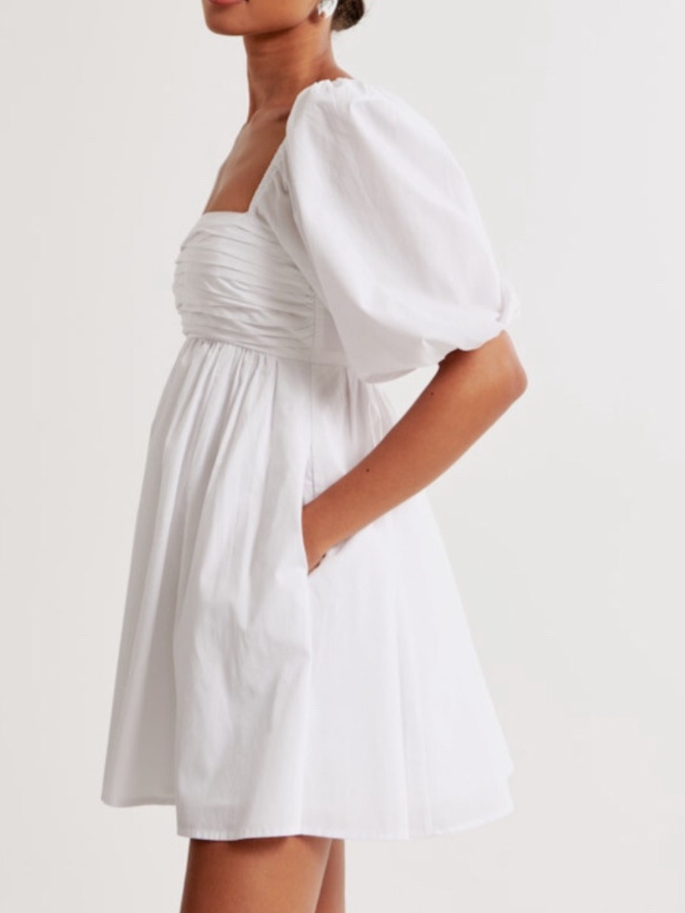 Abercrombie Fitch Ruched Bodice Puff Sleeve Mini Dress White NEW small tall